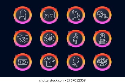Baseball sport competition set icon. Linear athletics collection with glove catch, scoreboard inning, pitcher throw, baseball speed, running player, catcher mitt ball, athlete run, referee umpire