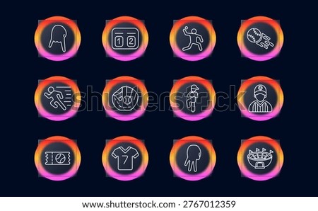 Baseball sport competition set icon. Linear athletics collection with glove catch, scoreboard inning, pitcher throw, baseball speed, running player, catcher mitt ball, athlete run, referee umpire