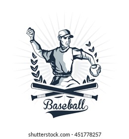 Baseball sport concept represented by cartoon player over wreath icon. Isolated and flat illustration.