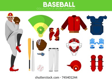 Baseball sport equipment bat-and-ball game player garment accessory vector icons set