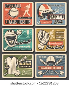 Equipos y clubes deportivos de béisbol, alquiler, venta. Balón y jugador volador vectorial, artículos deportivos y uniforme de deportista. cartas de campeonato de estilo vintage, jugador con murciélago y guante