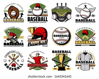 Baseball sport game champion league badges with vector balls, bats and team players. Trophy cups, stadium play fields and catcher glove, pitcher jersey, cap and winner laurel wreath retro icons