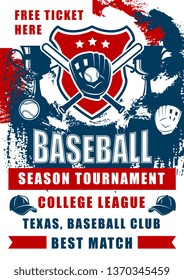 Baseball sport game championship match of college league season tournament vector design. Softball bats, balls and player gloves on shield with winner trophy cup and caps grunge invitation poster