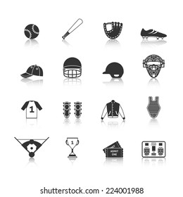 Baseball Sport Game Equipment Black Icons Set Of Match Tickets Scoreboard And Trophy Silhouette Isolated Vector Illustration