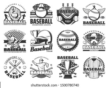 Baseball sport game isolated icons. Vector sporting items, glove and ball, trophy cup and stadium, players uniform, stadium or arena. Tournament or championship symbols