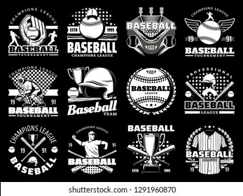 Baseball sport game monochrome icons, sporting items. Vector glove and ball, stadium and player, helmet and bat, trophy cup and uniform. Tournament or championship, cap and arena, laurel branches