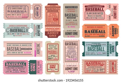 Baseball sport game retro tickets templates set. Team competition cup or sport event entrance vintage pass. Baseball championship paper tickets, admit cards separated in two parts with perforation