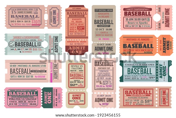 Baseball sport game retro tickets templates
set. Team competition cup or sport event entrance vintage pass.
Baseball championship paper tickets, admit cards separated in two
parts with
perforation