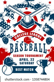 Baseball Sport Game Season Tournament Of College League Vector Design. Ball, Bat And Winner Trophy Cup With Home Plate, Batter Player Cap And Pitcher Gloves, Championship Match Announcement Poster