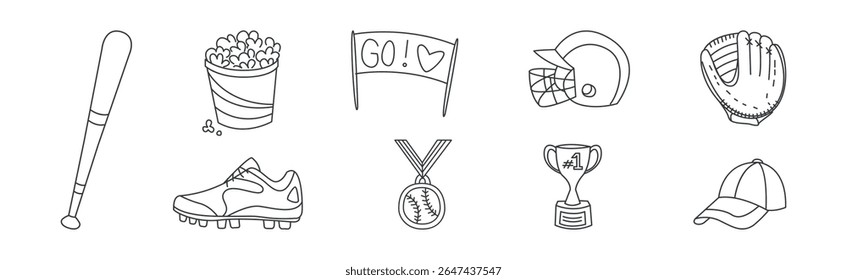 Baseball Sport Game Thin Line Object and Equipment Vector Set