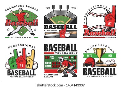 Baseball Sport Game Vector Icons With Balls, Bats And Winner Trophy Cup, Stadium Play Field, Pitcher Player Helmet And Scoreboard, Catcher Glove, Sporting Items And Fun Hand. Baseball Club Emblems