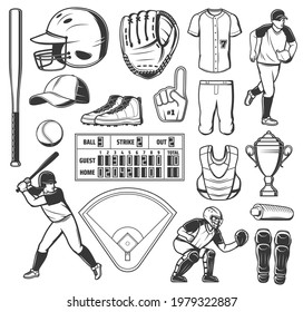 Baseball sport game vector icons ball, bat or winner trophy cup. Stadium play field, pitcher player helmet and scoreboard, catcher glove, sporting items, equipment and uniform. Baseball club signs set