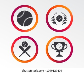 Baseball sport icons. Ball with glove and two crosswise bats signs. Winner award cup symbol. Infographic design buttons. Circle templates. Vector