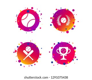 Baseball sport icons. Ball with glove and two crosswise bats signs. Winner award cup symbol. Gradient circle buttons with icons. Random dots design. Vector