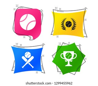 Baseball sport icons. Ball with glove and two crosswise bats signs. Winner award cup symbol. Geometric colorful tags. Banners with flat icons. Trendy design. Vector
