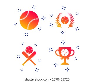 Baseball sport icons. Ball with glove and two crosswise bats signs. Winner award cup symbol. Random dynamic shapes. Gradient baseball icon. Vector