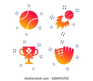 Baseball sport icons. Ball with glove and two crosswise bats signs. Fireball with award cup symbol. Random dynamic shapes. Gradient baseball icon. Vector