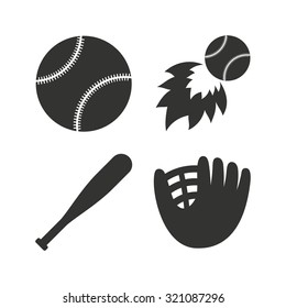 Baseball sport icons. Ball with glove and bat signs. Fireball symbol. Flat icons on white. Vector