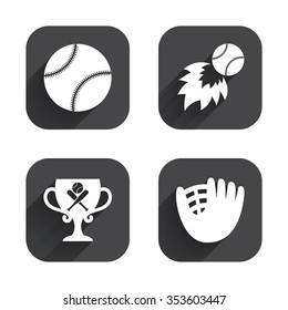 Baseball sport icons. Ball with glove and two crosswise bats signs. Fireball with award cup symbol. Square flat buttons with long shadow.