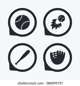 Baseball sport icons. Ball with glove and bat signs. Fireball symbol. Flat icon pointers.