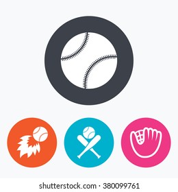 Baseball sport icons. Ball with glove and two crosswise bats signs. Fireball symbol. Circle flat buttons with icon.