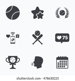 Baseball sport icons. Ball with glove and two crosswise bats signs. Winner award cup symbol. Flat talking head, calendar icons. Stars, like counter icons. Vector