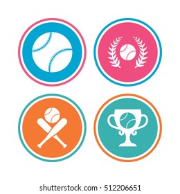Baseball sport icons. Ball with glove and two crosswise bats signs. Winner award cup symbol. Colored circle buttons. Vector