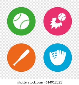 Baseball sport icons. Ball with glove and bat signs. Fireball symbol. Round buttons on transparent background. Vector