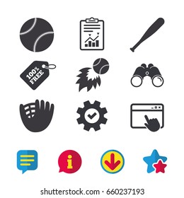 Baseball sport icons. Ball with glove and bat signs. Fireball symbol. Browser window, Report and Service signs. Binoculars, Information and Download icons. Stars and Chat. Vector