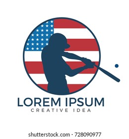 Baseball sport logo design. American flag and baseball player logo design.