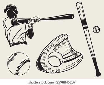 Baseball sport logo design,  Vintage Hand Drawn Object Set