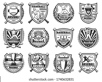 Baseball sport and players vector icons. Sports team club badges or league tournament monochrome signs. Baseball or softball game championship trophy, player bat and ball with helmet and equipment