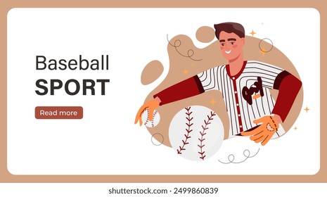 Baseball sport poster. Man in uniform throws ball. Active lifestyle and team sports. Tournament and competition. Baseball pitcher. Flat vector illustration isolated on red background