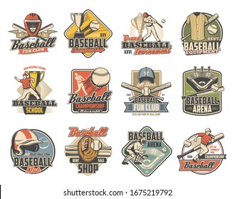 Baseball sport retro icons with vector balls, bats and trophies. Championship winner cup, player and arena play field, team uniform cap, glove and jersey, catcher helmet, mask, pad and mitt badges