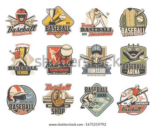 Baseball sport retro icons with vector balls, bats\
and trophies. Championship winner cup, player and arena play field,\
team uniform cap, glove and jersey, catcher helmet, mask, pad and\
mitt badges