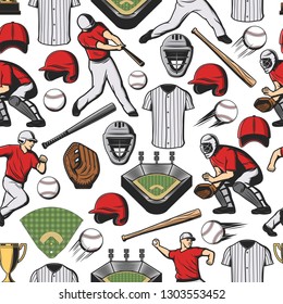 Baseball sport seamless pattern with sporting items and players. Vector bat and ball, helmet and uniform, trophy cup, glove and stadium. Equipment and gear game, tournament or championship