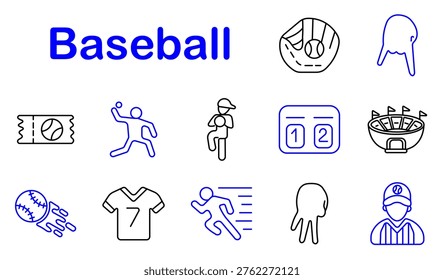 Baseball sport set icon. Line style icons display ticket pass, pitcher throw, batter stance, scoreboard panel, stadium arena, fast ball, jersey shirt, running player, glove catch