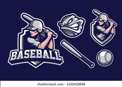 Baseball sport style mascot logo design with additional baseball tool isolated on navy blue background 