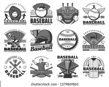 Baseball sport, team club badges or league tournament icons. Vector baseball or softball game championship season, player bat and ball with safety helmet and equipment