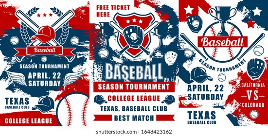 Baseball sport tournament trophy cups, balls and bats, catcher gloves and pitcher uniform caps vector banners. College league match invitations, sporting competition themes