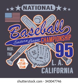 Baseball sport typography, Eastern league los angeles, sketch of crossed baseball bats and glove t-shirt Printing design graphics, vector illustration poster, Badge Applique Label.