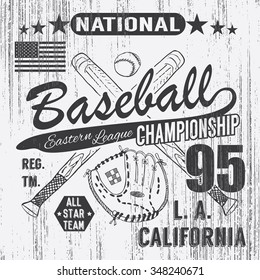 Baseball sport typography, Eastern league los angeles, sketch of crossed baseball bats and glove t-shirt Printing design graphics, vector illustration poster, Badge Applique Label.