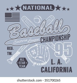 Baseball sport typography, Eastern league los angeles, sketch of crossed baseball bats and glove t-shirt Printing design graphics, vector illustration poster, Badge Applique Label.