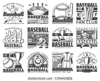 Baseball sport vector icons with balls, bats, stadium and players. Isolated baseball game tournament trophy cup, team uniform, catcher glove, sport arena scoreboard, batter cap and helmet symbols