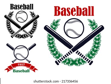 Baseball sporting emblems or symbols with ball, bats and  laurel wreath isolated on white background. For tournament ot sports team design 