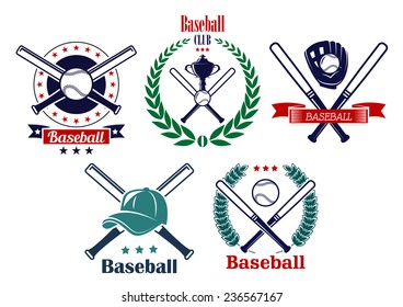 Baseball sporting heraldic emblems with crossed bats, balls, trophy cup, laurel wreaths, ribbons and cap