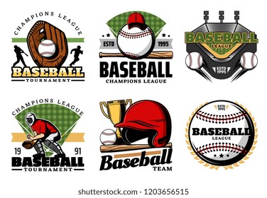 Baseball sporting heraldic icons. Vector leather glove and balls, trophy cup and uniform, player and helmet with bat. Team game, sport items and prize icons. Professionals club isolated symbols