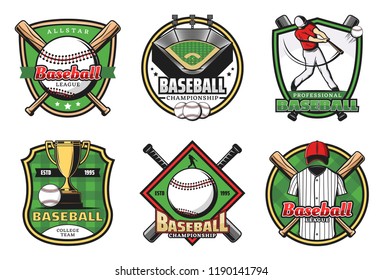 Baseball Sporting Heraldic Symbols With Crossed Bats And Balls, Trophy Cup And Uniform, Player And Stadium. Team Game And Sport Icons And Signs. Professional Supreme League Badges, Vector