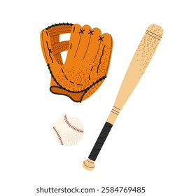 Baseball. Sports equipment bat, ball and glove for playing baseball. For designs sports and outdoor activity themes. Vector illustration isolated on white background.