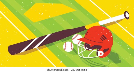 Baseball Sports Equipment In Fields Flat Illustration